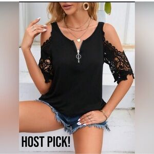 🥳HP🥳NWOT Contrast Guipure Lace Cold Shoulder Top in Black w/ Quarter Zip Front